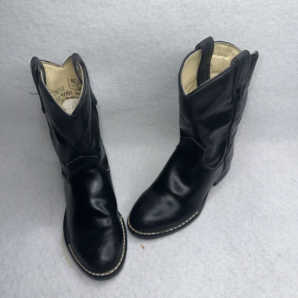 Vintage Bronco Old West Little Kids Youth Size 12.5 D Black Leather Cowboy Boots